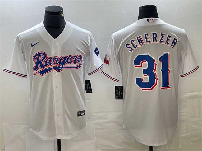 Mens Texas Rangers #31 Max Scherzer White With Patch Cool Base Stitched Baseball Jersey->texas rangers->MLB Jersey